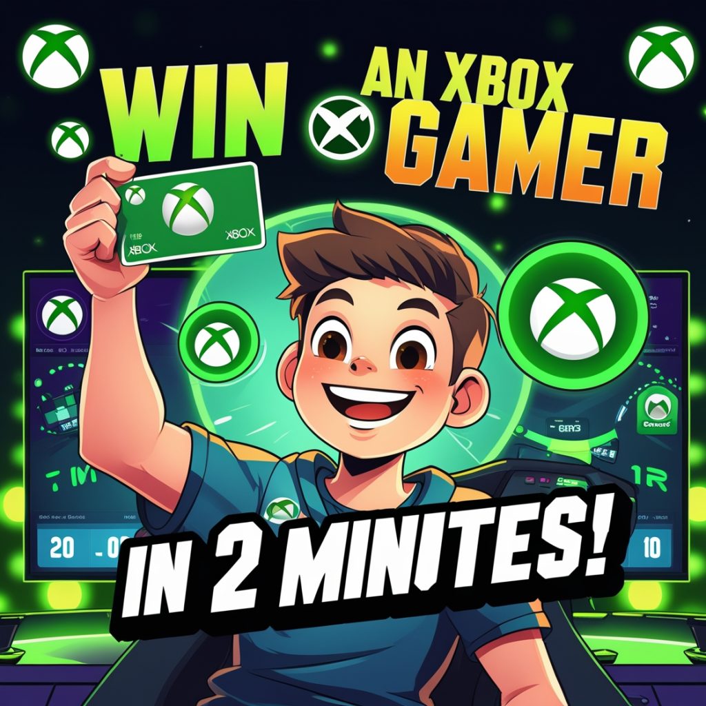 Excited gamer holding an Xbox gift card with countdown timer and Xbox-themed background, promoting a fast 2-minute giveaway.
Would you like additional alt text variations for different placements (e.g., social media, blog sidebar, etc.)?